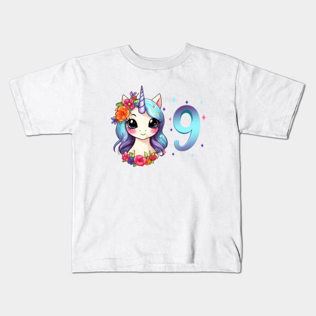 I am 9 with unicorn - girl birthday 9 years old Kids T-Shirt by Modern Medieval Design